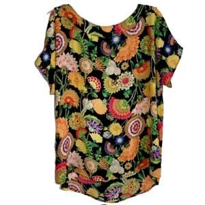 Investments Top Blouse Vivid Floral Tie Detailing Short Sleeve Scoop Neck Large